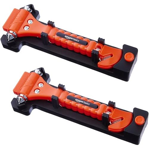 Amazon Basics Emergency Escape Tool, Window Breaker and Seatbelt Cutter, Car Safety Hammer with Protective Bracket, Bright Orange, 2 Pack, SW-835