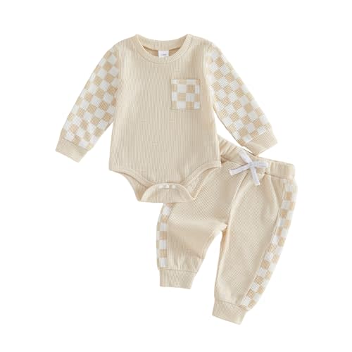 Newborn Baby Boy Girl Clothes Checkered Plaid Long Sleeve Waffle Knit Romper Pants Set 2 Piece Fall Winter Outfits