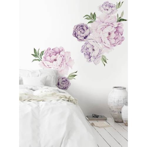 Watercolor Peony Flowers Wall Sticker: Lavender Purple, Peel and Stick