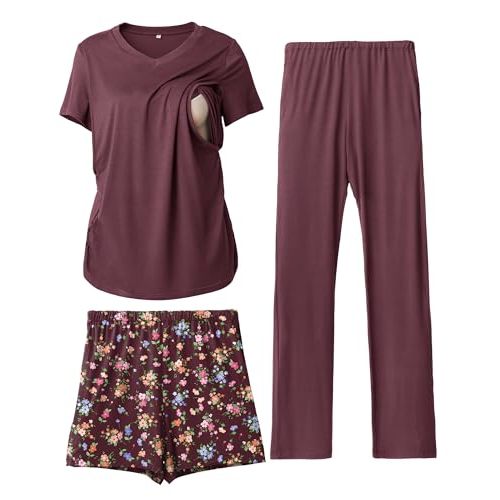 Rnxrbb 3 Piece Women's Maternity Nursing Pajamas Set V Neck Breastfeeding Pjs Sleepwear Postpartum Shorts&Pants Pockets