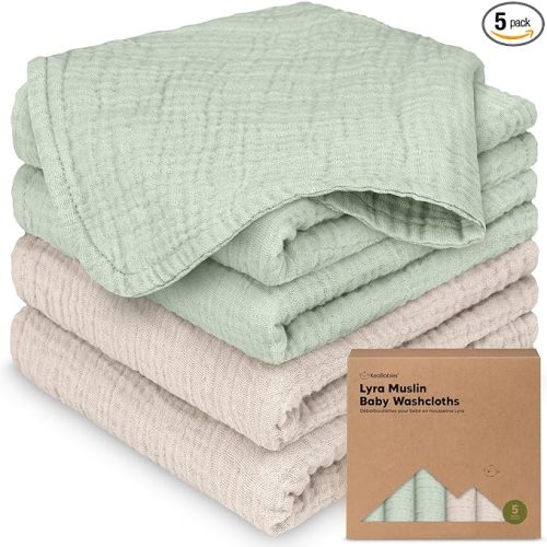 5-Pack Muslin Baby Washcloths for Newborn – 12x12" Soft Absorbent Organic Cotton Muslin Wash Cloths for Babies Girl, Boy, Infant, Toddlers, Kids Face Towel, Bath Essentials, Baby Burp Rags (Sage)