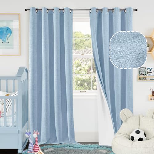 Lajode Blue Linen Blackout Curtains for Kids Bedroom Nursery 84 Inch Length 2 Panels, Thermal Insulated Full Room Darkening Noise Reducing Privacy Window Curtains for Boy Room, Each 52 Inch Wide