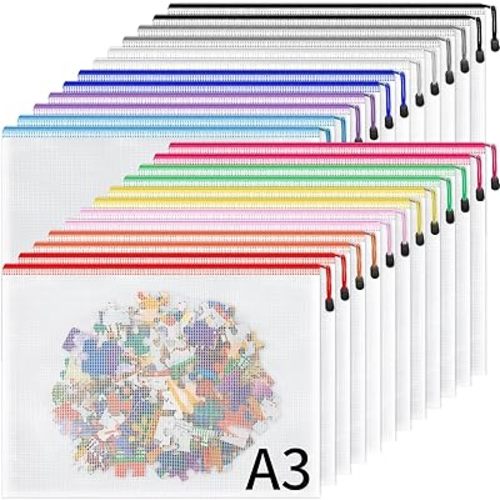 Umriox 24 Pack 12 Colors Zipper Pouches for Organizing, A3 Size (16.9 x 12.4), Big mesh Bags, Zipper Bags for Puzzles & Board Game Storage, Office Supplies Travel Toiletries