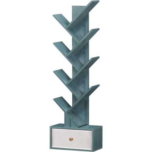 8 Tier Tree Bookshelf with Drawer, Free Standing Wood Bookcase for Narrow Space, Storage Organizer Bookshelves for Books, Book Case for Home Office, Living Room, Bedroom, Navy Blue