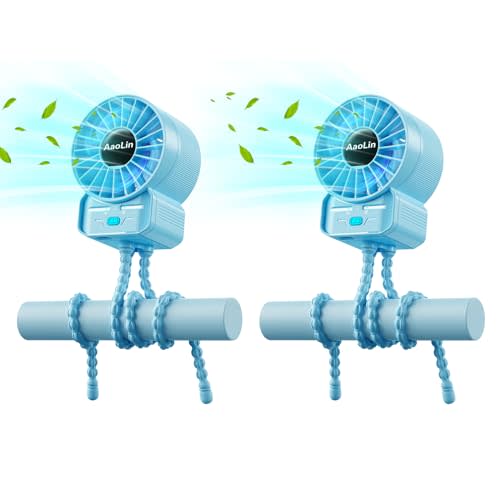 2 Pack Multifunctional Portable Stroller Fan 4 Speed 6600rpm High Speed Usb Rechargeable Personal Mini Handheld Fan Extended Tripod for Desktop Winding Kids Bed Treadmill Bike Golf Cart Outdoor Travel
