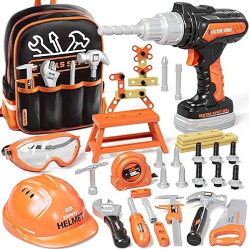 KidBloom Kids Tool Set with Backpack, 50 PCS Toddler Pretend Tools with Electronic Toy Drill, Safety Helmet & DIY Parts, Toys for 3 4 Year Old Boys