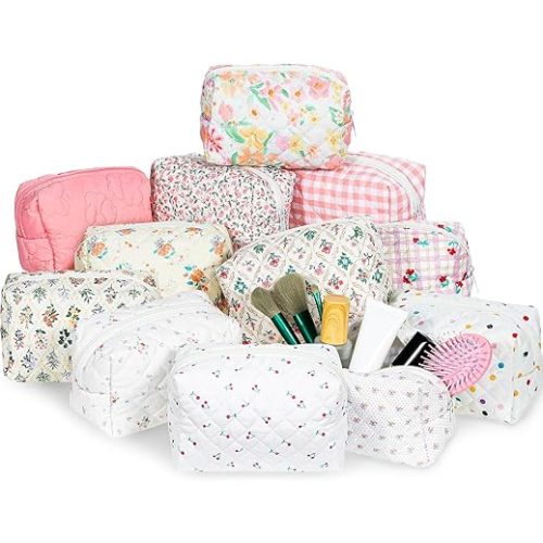 12 Pcs Cotton Quilted Makeup Bag for Women Girls Small Quilted Makeup Bag for Women Coquette Aesthetic Makeup Pouch Floral Cotton Cosmetic Bag Travel Toiletry Bag Organizer for Her Mom Friend Sister
