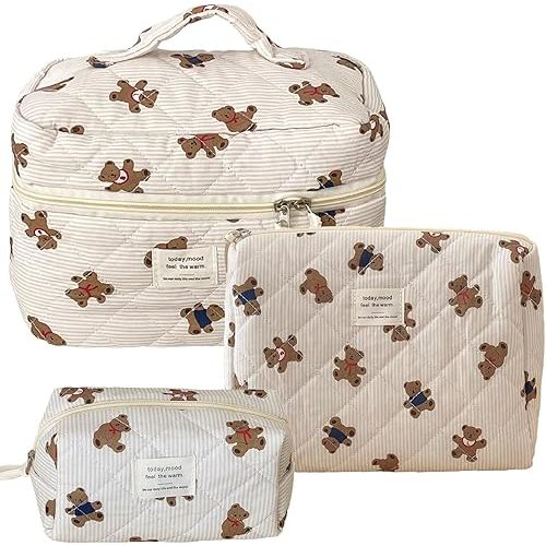 Beige MakeUp Bag Set 3PCS Quilted Make Up Pouch Cute Cotton Cosmetic Bag for Travel Striped Bear Large Toiletry Bag For Women(C)