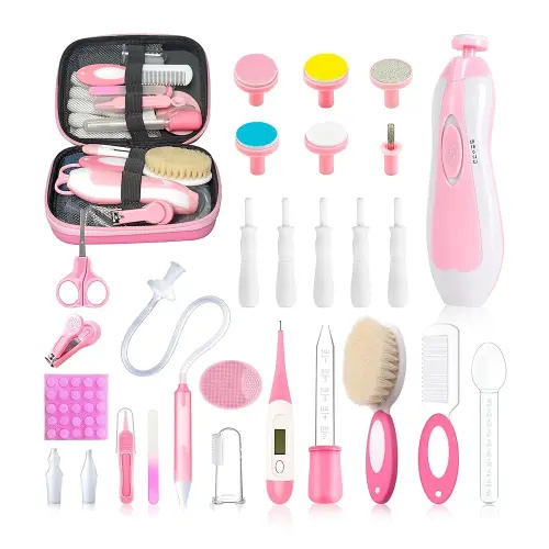 28 in 1 Baby Healthcare and Grooming Kit, Infant Baby Nursery Kit Electric Nail Trimmer Set with Gas Colic Passer Nasal Aspirator Nail Clipper Hair Brush Comb for Newborn Girls Boys (Pink)