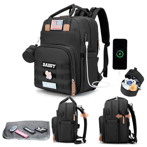 Expandable Diaper Bag Backpack for Dad and Mom – Large Capacity Baby Diaper Bag with Premium Leather, Changing Pad, Insulated Bottle Pockets, Stroller Straps, Laptop Sleeve – Black Travel Diaper Bag