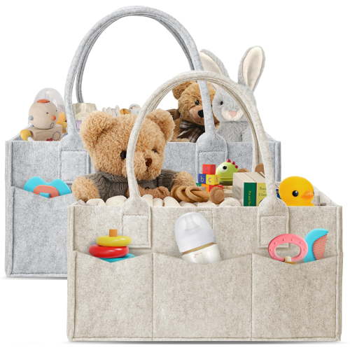 HIPHOP PANDA 2-Pack Diaper Caddy Organizer - Nursery Storage Bin & Car Organizer for Diapers, Wipes, and Baby Essentials - Dual-Color Solid Set (Grey/Oatmeal), Regular Size
