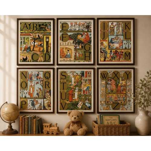 Set of 6  Walter Crane Alphabet Prints #2 | Antique ABC Nursery Wall Art | Museum Quality Archival Matte Giclée Prints, Unframed or Digital