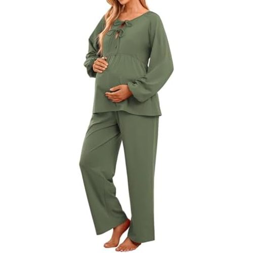 OUGES Womens Cotton Blend Maternity Pajama Sets Tie Front Loungewear Pregnancy Sleepwear Top & Long Pants with Pockets