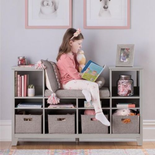 Martha Stewart Kids' Reading Nook - Sharky Gray: Wooden Bedroom Bookshelf, Book Bench and Toy Storage Organizer with Fabric Bins