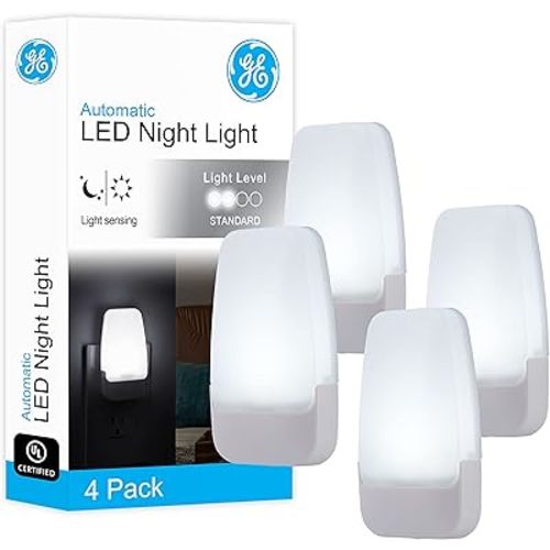 GE LED Night Lights Plug Into Wall, Dusk to Dawn Sensor, Ambient Lighting, Dorm Room Essentials, Bathroom Decor, Smart Home, for Bedroom, Cool White, 55992, 4 Pack