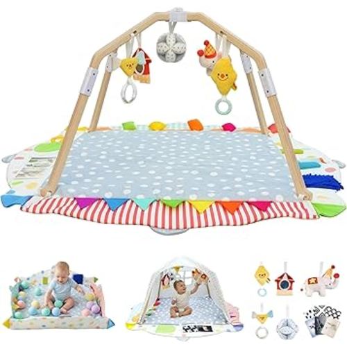 Baby Play Gym, Stage-Based Development Activity Gym & Play Mat for Baby to Toddler, Wooden Tummy Time Mat with 5 Developmental Zones & 5 Detachable Sensory Toys, Baby Essentials Gift
