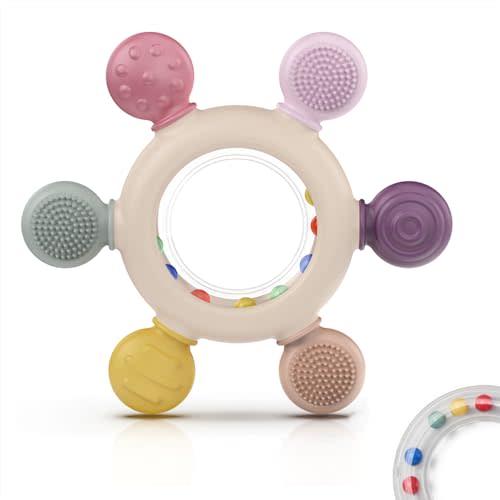 akolik Teething Toys for Babies, Baby Teethers Toy Teething Ring Silicone, Grasping Teething Toy, BPA Free Teething Newborn Accessories for Baby 0 3 6 9 12 18 Months (Ringer Pink)