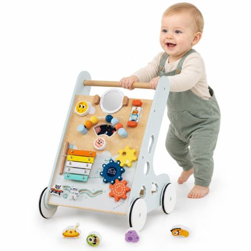 Baby Walker Wooden Push and Pull Activity Center with 8 Interactive Toys for Toddlers 1+ Years