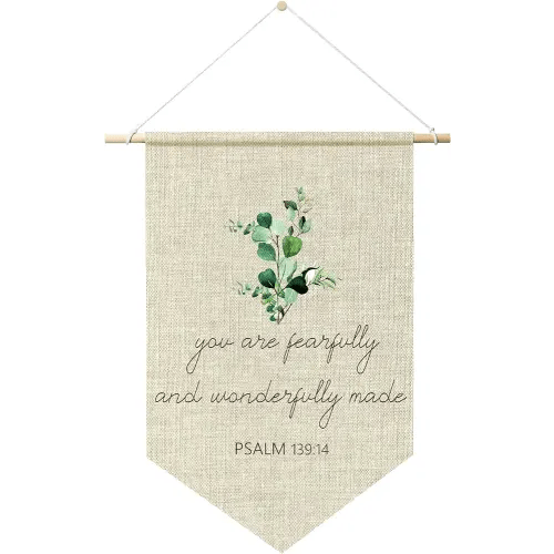 R HORSE Nursery Scripture Bible Verse Christian Eucalyptus Leaves Decor, Canvas Hanging Pennant Flag Wall Sign Nursery Decor Baby Kids Christmas Gift for Nursery Bedroom Playroom Front Door