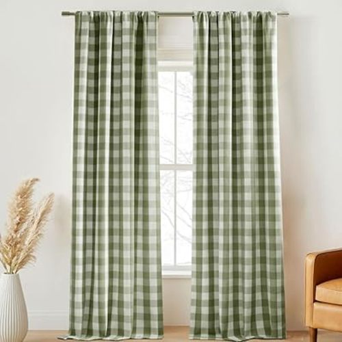 ENJOYBRIDAL Green Plaid 84 Inch Curtains for Living Room Semi Sheer Drapes Boho Bedroom Cute Floor Length Window Curtain Panels Light Filtering 2 Panels Rod Pocket Kids Geometric Window Treatments