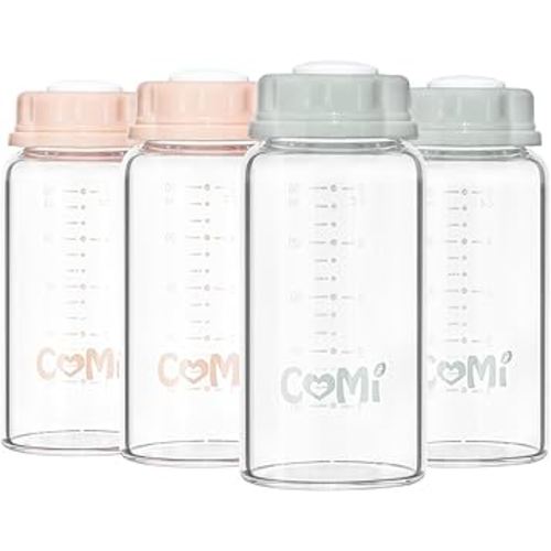 COMI Natural Glass Baby Bottle,Standard Neck Breastmilk Storage Bottle for Fridge,Breast Milk Container,Breast Pump Bottle Compatible with Medela Breast Pump,BPA Free,4PCS (5oz, 2 Gray+2 Pink)