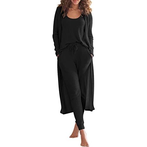 Eurivicy Womens Lounge Set Waffle Knit 3 Piece Pajama Sets Tank Tops Loose Pants with Long Cardigan Loungewear 2026