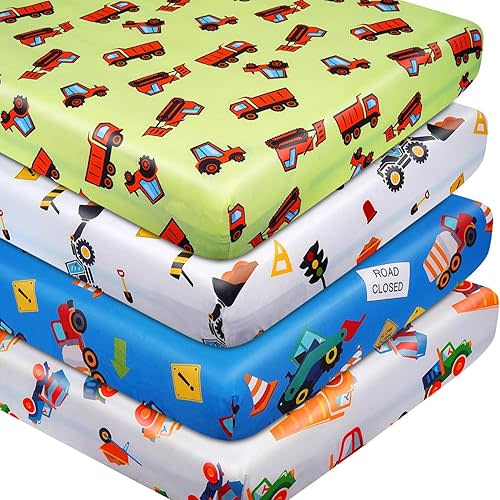 Crib Sheets Set of 4, Portable Soft Comfortable Crib Sheets, Novel Patterns Toddler Bed Sheets for Baby Girls Boys, 52''x28'' Standard Size Fitted Baby Crib Sheet Nursery Decor（Construction）
