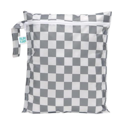 Bumkins Waterproof Wet Bag for Baby, Travel, Swim Suit, Cloth Diapers, Pump Parts, Pool, Beach, Gym Clothes, Toiletry, Hook to Stroller, Daycare, Zipper Reusable Wetdry Packing Pouch, Gray Check