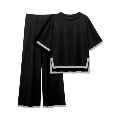 MINTREUS Women's Cotton Loungewear Set, Short-Sleeve Top, Wide-Leg Pants, Comfy Clothes