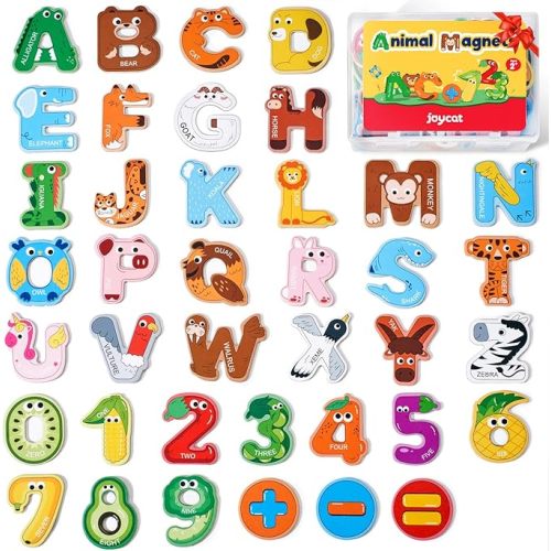 JoyCat Wooden Thick Alphabet Magnets for Toddlers Fridge Large Size Cute Animal Colorful ABC Magnetic Letters 26 Uppercase Letters 0-9 Numbers Toy Set for Kids Toddlers Preschool Learning Spelling