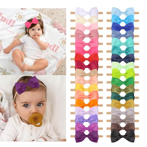 XIMA 34pcs Baby Girls Headbands with Hair Bows,Solid Ribbon Bowsfor Infants | Elastic Nylon Thin Head Bands Hair Accessories for 0-3yars Baby Girls, Shower Gift