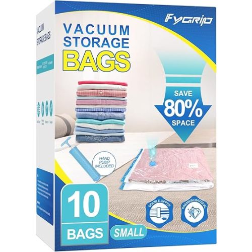 Vacuum Storage Bags with Hand Pump, Plastic Packaging Bags, 80% Space Saver Vacuum Seal Bags for Clothing, Travel Lugggage, Blankets, Comforters, 10 Medium
