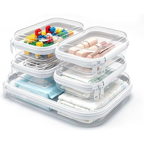 Clear Hard Shell Zipper Case,5 Pack Diaper Bag Organizing Pouches,Clear Travel Makeup Case,Hard Plastic Zipper Case Travel Toiletry & Cosmetic Bag,Toy and Make Up Organizer Pouch (1L 4S)