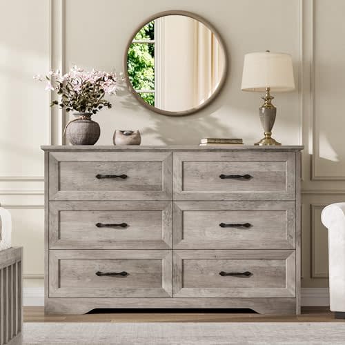 Garvee Farmhouse Wood 47.2" Wide 6 Drawer Dresser for Bedroom, Grey | Chest of Drawers, Wide Metal Handle, Stable Base, Natural Texture, Storage Organizer for Bedroom, Living Room, Kids Room