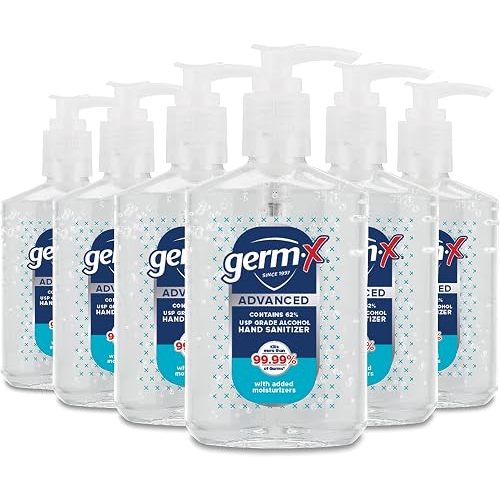 Germ-X Advanced Hand Sanitizer, 8 Fl Oz (Pack of 6), Less Drying Moisturizing Clear Gel, No Rinse Formula, Pump Bottle