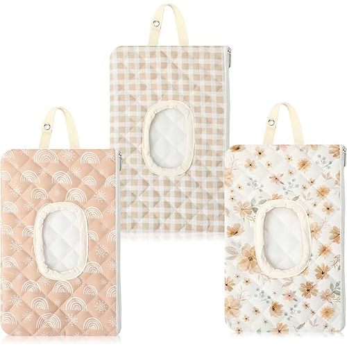 3 Pcs Portable Baby Wipes Holder Quilted Diaper and Wipe Pouch Floral Checkered and Sun Refillable Wipe Container for Baby Stroller Casual Travel Outdoor Supplies