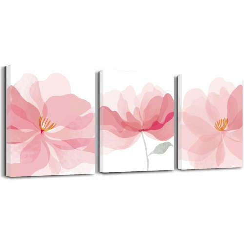 Light Pink Flower Wall Art Prints, Blush Botanical Floral Canvas Paintings, Aesthetic Plant Poster Pictures for Women Girls Bedroom Bathroom Home Room Decor Set of 3 Framed (12x16)