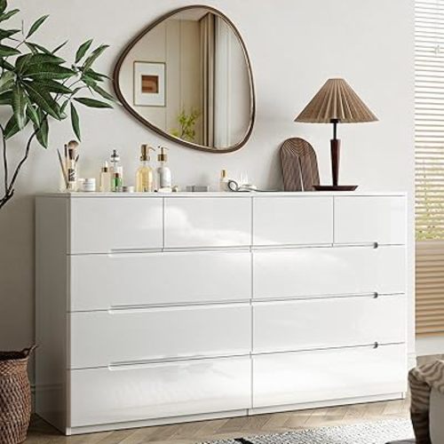 Cómoda blanca de 10 cajones para dormitorio, cómoda de 55 pulgadas de largo, armario de almacenamiento moderno de alto brillo con cajones grandes sin asa, sala de estar, entrada, pasillo