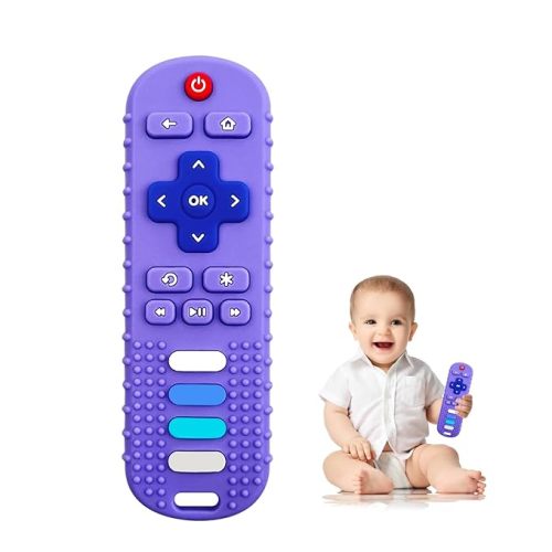 Baby Teething Toys, Soft Silicone Teethers for Babies 3 6 12 18 Months, TV Remote Control Shape Infant Chew Toys for Boys and Girls, Baby Teething Relief, BPA Free (RC-Purple)
