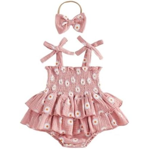 ZAXARRA Newborn Baby Girl Romper Dress Sleeveless Cotton Linen Square Neck Ruffled jumpsuit with Headband Boho Outfit Summer