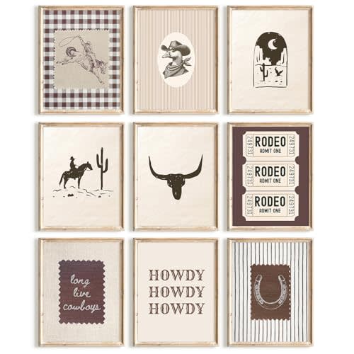 Ylmekx Western Cowboy Wall Decor Vintage Nursery Canvas Wall Art Boys Room Poster Baby Neutral Pictures Retro Cowboy Prints Rustic Southwestern Painting for Bedroom 8x10 Unframed Set of 9 