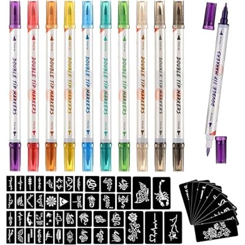 HAWINK Temporary Tattoo Markers for Skin, 10 Body Markers + 56 Large Tattoo Stencils, Dual-End Tattoo Pens Make Bold and Fine Lines ZYH2208001KIT