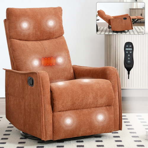 JXXRZ Heated Massage Swivel Rocker Recliner Chair w/ Manual Recline & Breathable Fabric, Orange