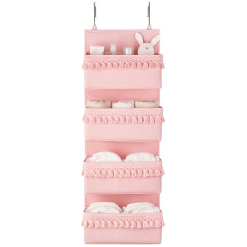 Dahey Over The Door Organizer Boho Nursery Storage Decor Closet Hanging Organizer with Tassels Decoration for Bedroom Nursery Bathroom Apartments Dorm Pantry, 4 Pockets, Pink