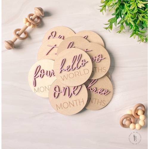 3D Wooden Monthly Milestone Discs With Light Pink Letters For Baby Photos | Monthly Milestone Marker | Milestone Cards