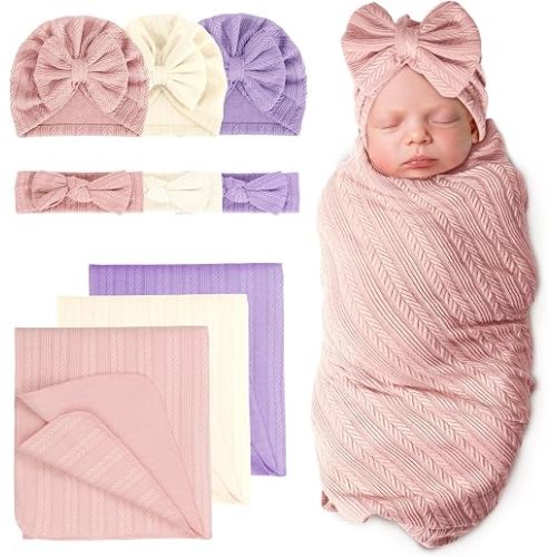 Baby Swaddle Blankets with Bow Hat Headband Set Wheat-Pattern Infant Receiving Blankets Swaddles for Newborns Unisex Toddler Swaddle Wrap Sets for Baby Girls Boys Nursery Warm Shower Gift
