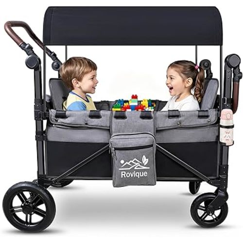 Wagon Stroller for 2 Kids, All-Terrain Foldable Stroller Wagon with Extender, Lighter Aluminum Kids Wagon with Detachable Canopy, Convertible Seats, Adjustable Handle, Cup Holder, Removable Snack Tray