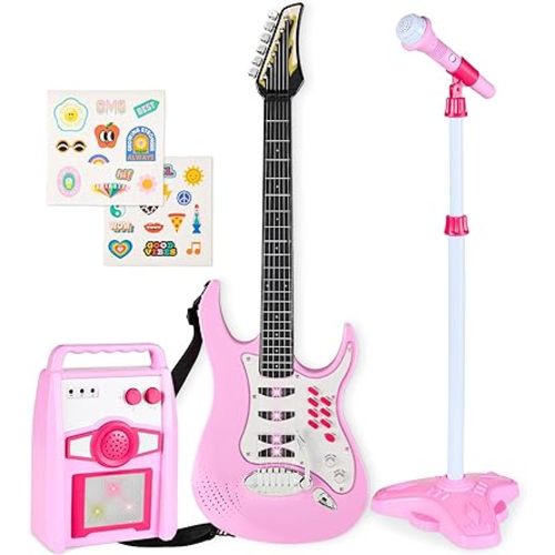 Best Choice Products Kids Electric Musical Guitar Play Set, Toy Guitar Starter Kit Bundle w/ 6 Demo Songs, Whammy Bar, Microphone, Amp, AUX, 2 Sticker Sheets - Soft Pink