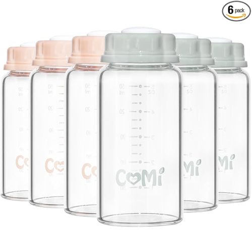 COMI Natural Glass Baby Bottle,Standard Neck Breastmilk Storage Bottle for Fridge,Breast Milk Container,Breast Pump Bottle Compatible with Medela Breast Pump,BPA Free,6PCS (5oz,3 Gray+3 Pink)