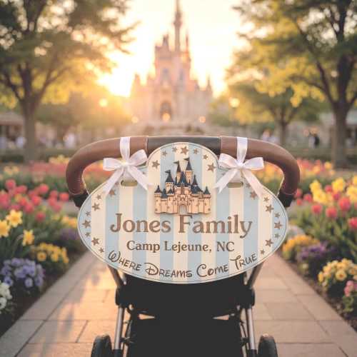 Personalized Disney Castle Stroller Sign, Custom Family Name Tag, Disney Magic Castle Stroller Spotter, Wheelchair & Carriage Tag